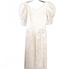 Ivory Lace Puff Sleeve Midi Dress Cottagecore Prairie Vintage 80s S