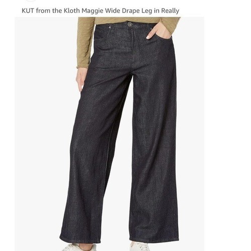 NWT Kut From The Kloth Maggie Wide Drape Leg Jeans Sz 12L Dark Wash Linen Blend