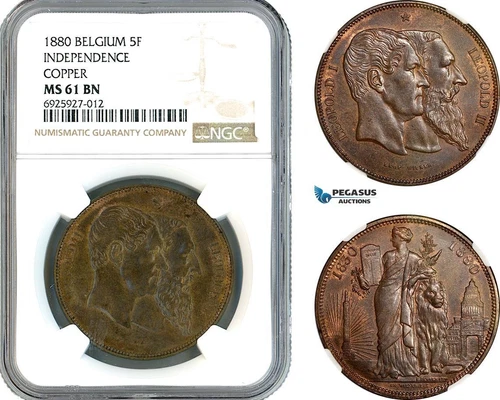 AK350, Belgium, Leopold II, 5 Francs 1880 Copper Medallic Issue, NGC MS61BN