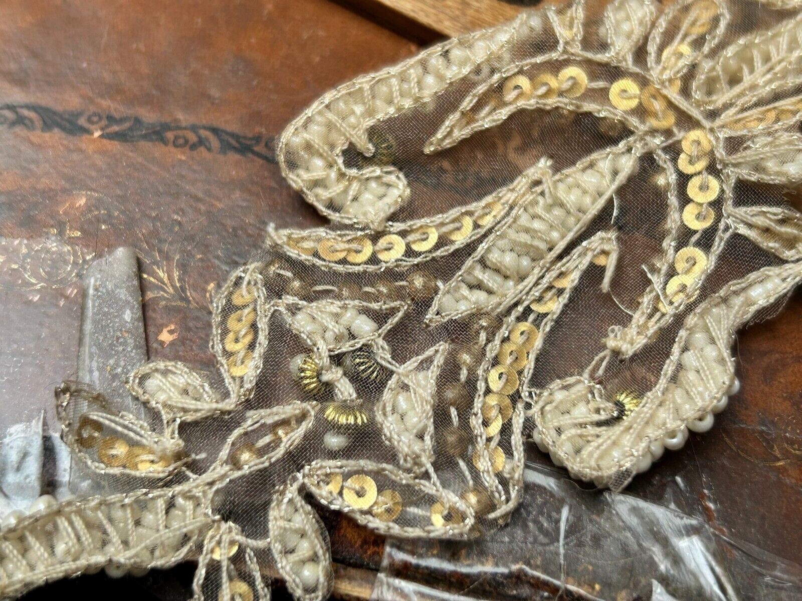 applique glass beads sequins hand sewn 2x7.75" cream gold 1pc