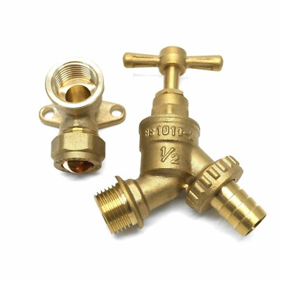 1/2'' Außen Garten Messing Wasserhahn & Wandplatte Winkel Adapter Rohr Latzschlauch x2