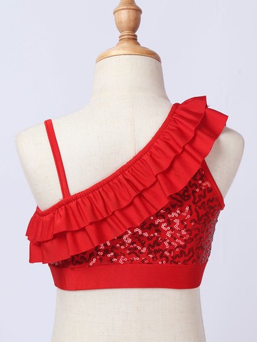 Girls Sequined Ruffled Ballet Dance Crop Top Modern Jazz One Shoulder Cami Vest - Picture 34 of 66