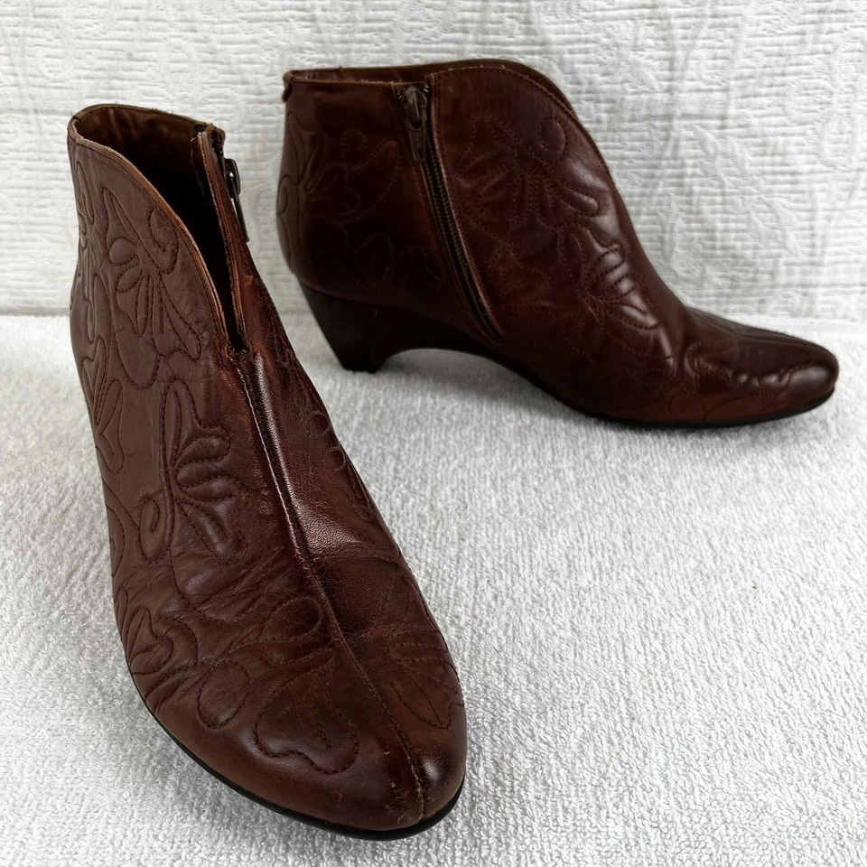 Pikolinos Cuero Talla 39 Bordado Cuero Marrón Tooled Botín Gatito Cuña Foto 4 de 4