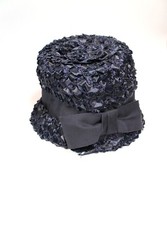 60s Bucket Hat 7 Sz M Vintage Tall Dark Navy Midnight Blue Raffia Straw w Bow