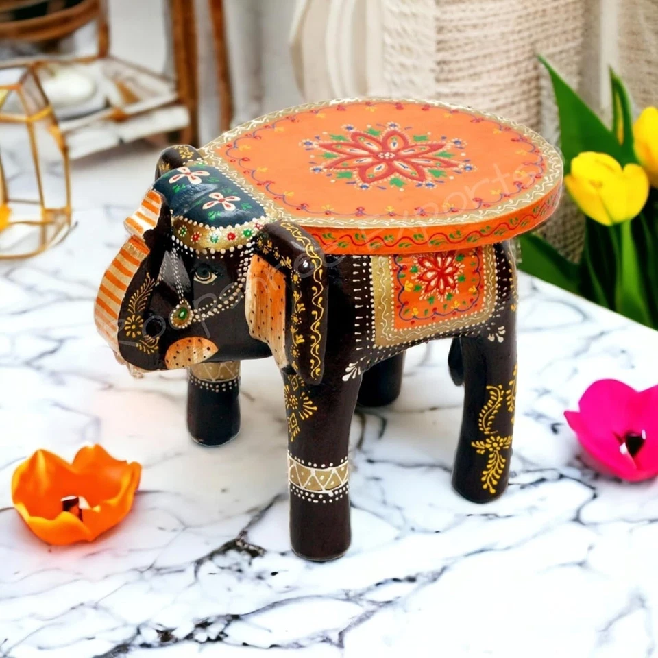 Multicolour Wooden Decorative Rajastani Elephant Stool Home Decorative Showpiece - Image 3 of 4