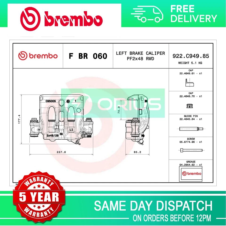 Fits Mercedes Sprinter 2018- 2.1 CDi 3.0 Brake Caliper Front Left Brembo #1 - Image 2 of 4