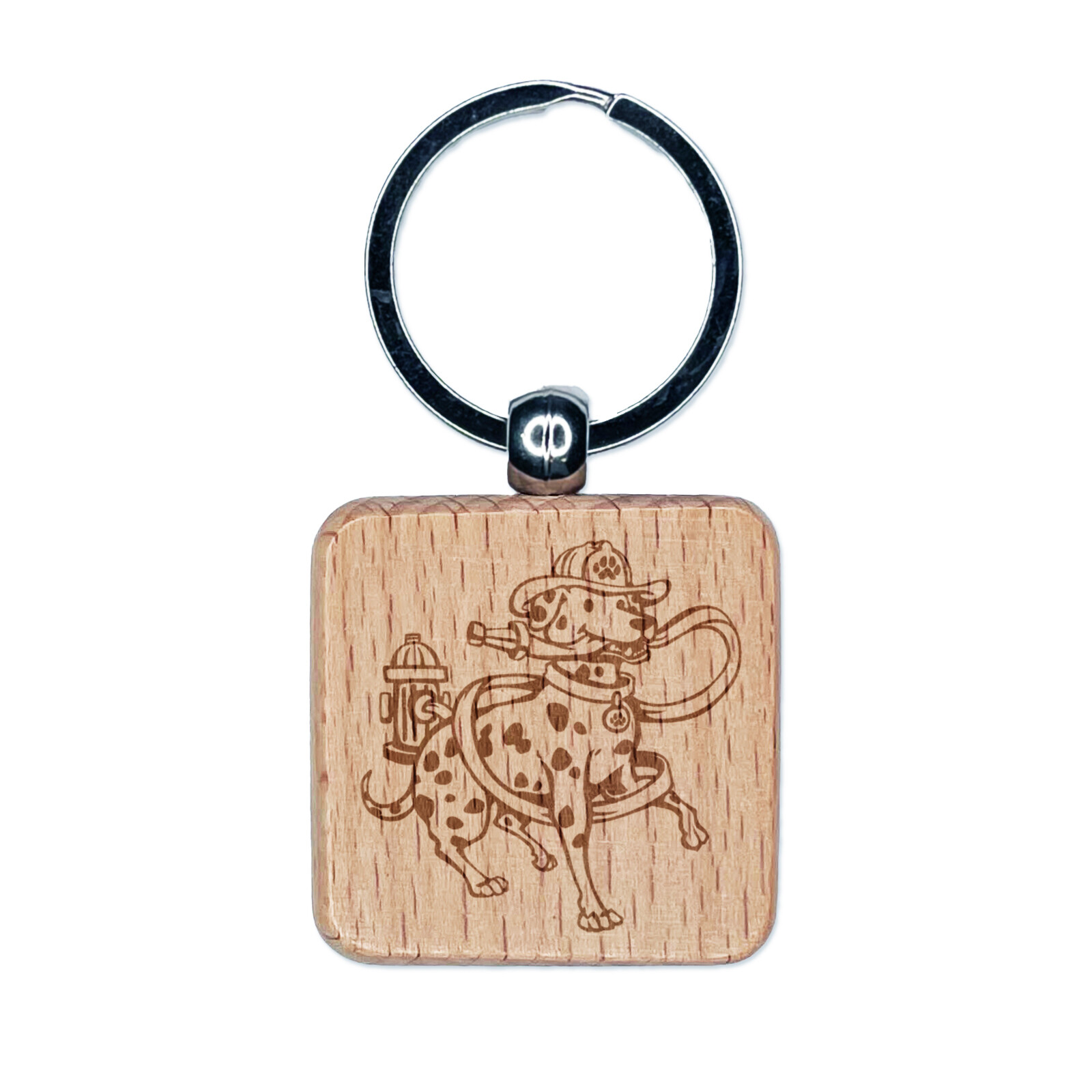 Dalmatian Fire Fighter Dog Engraved Wood Square Keychain Tag Charm