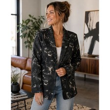 NWT Chico's Black Silver Metallic Jacquard Blazer 3/4 Sleeve Women's 3 - US 16
