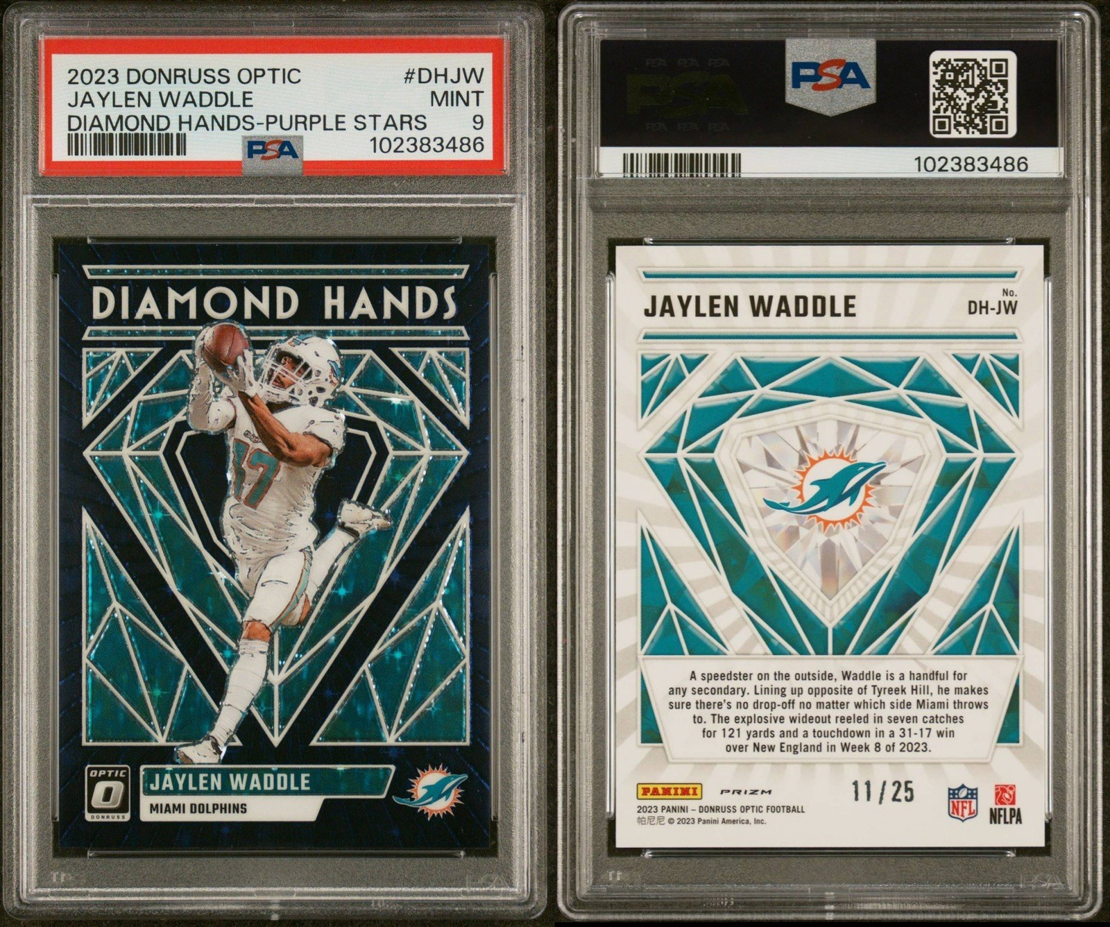 2023 Panini Donruss Optic Diamond Hands Jaylen Waddle Purple Stars /25 PSA 9 view 3
