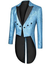 Sky Blue Sequin Tailcoat With Black Satin Lapel Formal Gala Wedding Tuxedo