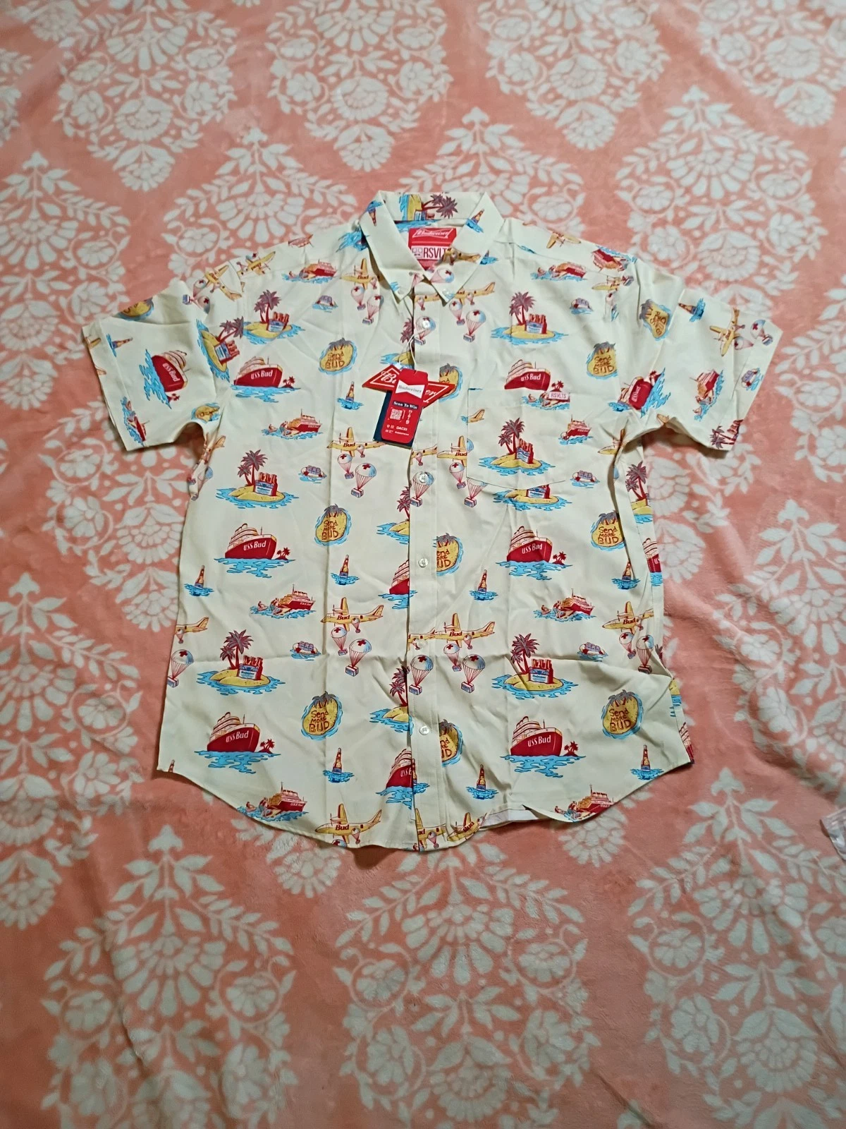 RSVLTS Budweiser Shirt Hawaiian Camp AOP Button Up Send More Bud Beer Men Sz XL