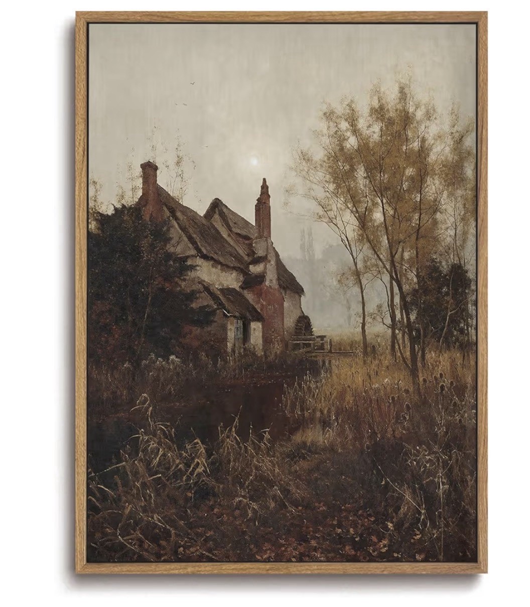 Moody Vintage Cottagecore Wall Art - Framed Rustic Landscape Canvas Print 12x16