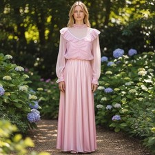 Vintage 70s Soft Pastel Pink Prairie Style Maxi Dress Victorian Revival Ruffles