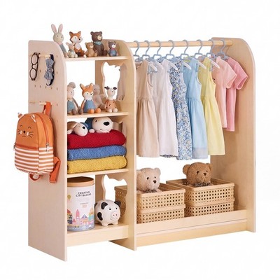VEVOR Kids Dress Up Storage with Mirror Wooden Toddler Dress Up Rack Wardrobe