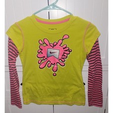 Nike Kids Long Sleeve T Shirt Yellow Pink Stripe Size M 10 12 Years juniors xs