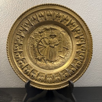 Vintage England Brass Relief Wall Plate Welsh Women Spinning Wheel 12''