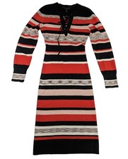 BCBGMaxazria Bodycon Sweater Dress Women Size M Striped Lace-Up Preppy Midi Cozy