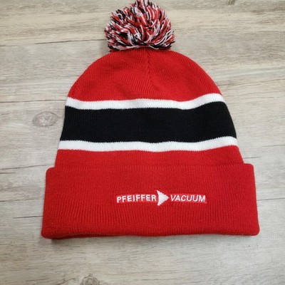 Pfeiffer Vacuum Beanie Knit Cap Hat Quake City Caps Red Striped OS Pom Pom