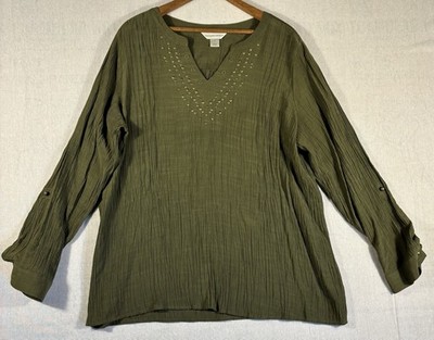 Christopher & Banks Women s XL Olive Green V-Neck Long Sleeve Top Stud Accents