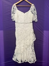 Lulus White Lace Midi Dress L Crochet Scalloped Sleeve Wedding Bridal