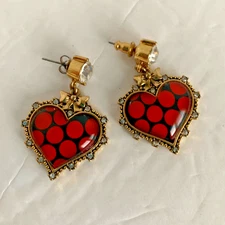 Betsey Johnson Red on Black Polka Dot Heart Earrings for Pierced Ears