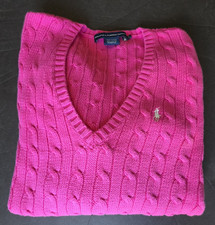 Ralph Lauren Sport Women's Pink V Neck Cotton Cable Knit Sweater Size L