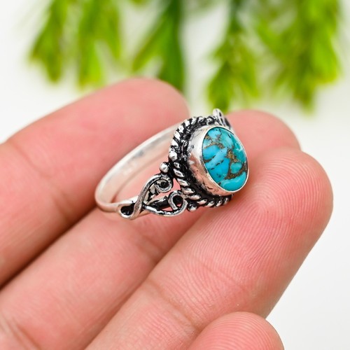 Blue Copper Turquoise Gemstone 925 Sterling Silver Ring Handmade Jewelry - Picture 2 of 4
