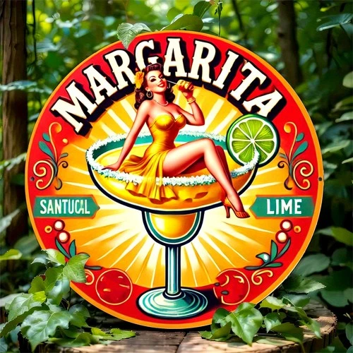 Vintage Margarita Cocktail Sign 8x8 Round - Multipurpose Hanging Tin Metal Signs