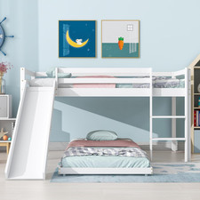 Bunk Bed 3FT Wooden for Kids with Slide Space-Saving White Adjustable Lower Bed