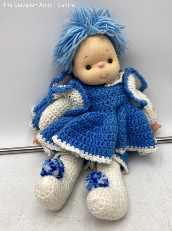 Blue White Crochet Dress Yarn Hair Black Eyes Handmade Soft Plush Doll