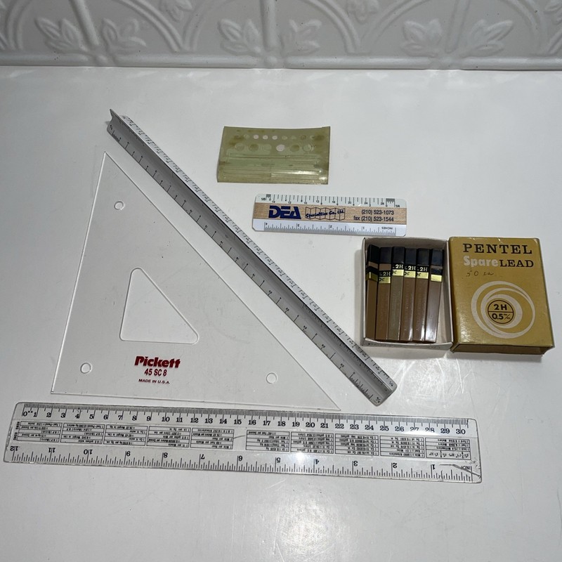 Mixed Lot Engineering Triangle Rulers Pentel .5 Lead Technical Drafting Pickett
