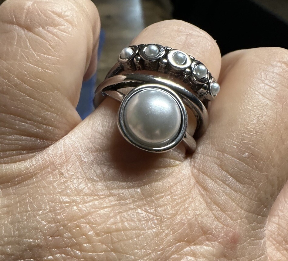 Museum Pearl Stamped Bezel Brighton Boho Bohemian Silver Ring Sz Classy  Unique