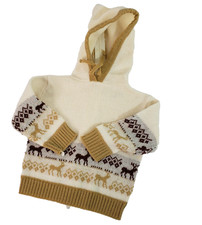 Vtg 90s Toddler Boys Ski Sweater 18 mos Ivory Tan Brown Deer Hoody Back Zipper