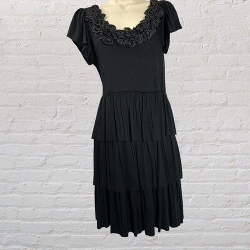 Pink Rose Black Ruffle Tiered Dress Rosette Romantic Goth Juniors L Womens S