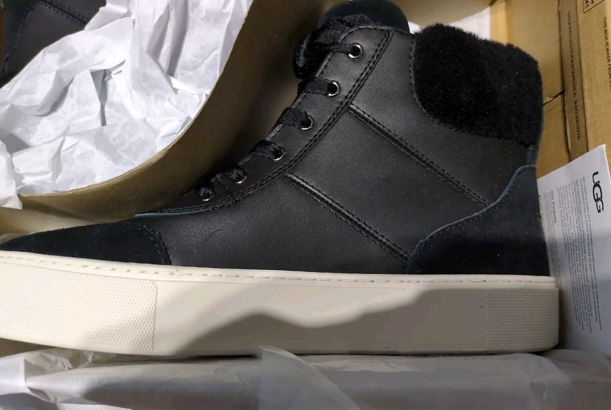 Womens UGG ZILO HIGH Sneaker Boot Black Leather-Sherpa Trim Sz W