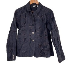 Chicos Black Abstract Art to Wear Contrast Stitch Button Blazer Jacket M 1 FLAW