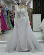 White Mermaid Party Dresses Rhinestones Pearl Prom Dress With Detachable Train