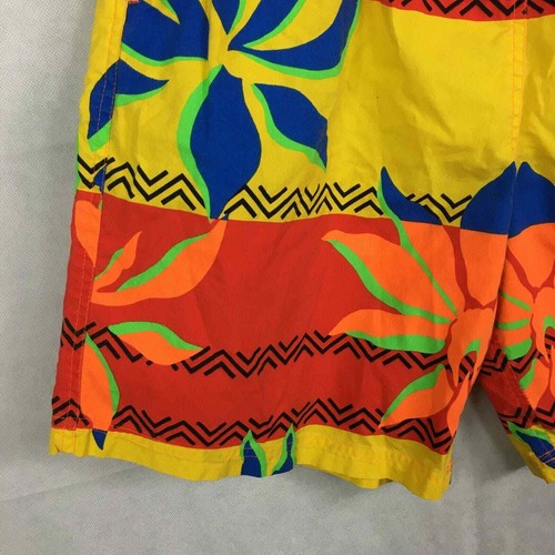 OP Swim Trunks Mens Sz M Vintage 80s Red Yellow Tropical Floral Striped Cotton - 第 3/10 張圖片