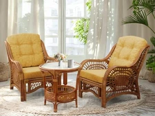 Malibu Natural Handmade Rattan Wicker Set of 2 Chairs w/Cushions, Coffee Table