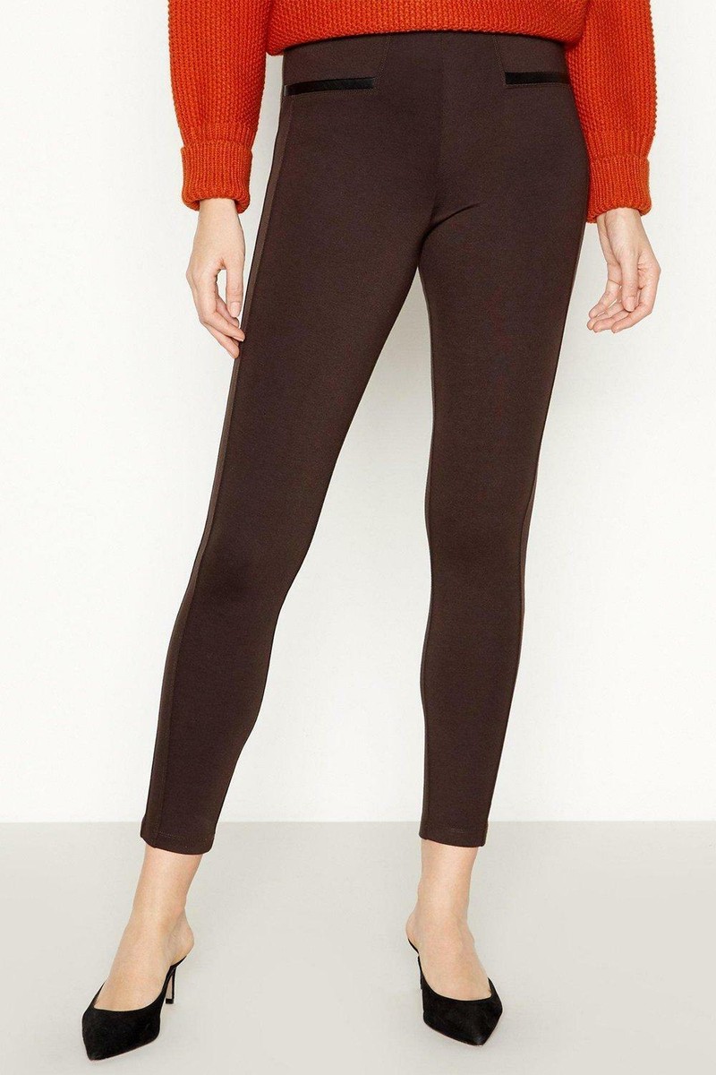 Debenhams Collection Ponte Leggings Faux Leather Trim Chocolate