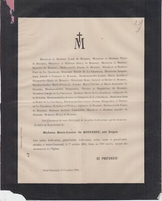 1884 Sterbeurkunde Frau Marie-Louise de BOISSIEU geboren DUGAS Saint-Chamond Loire