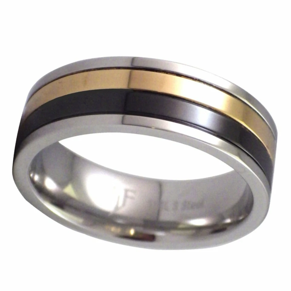 Anillo enchapado en PVD color oro negro para hombre plata acero inoxidable banda moderna Foto 3 de 4