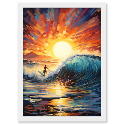 Sunset Surf Waves Surfing Artwork Vibrant Seascape Surfer Framed Art Print A3