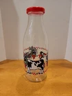 Vtg Holiday Christmas Pitcher Cow Glass Milk Bottle Carafe France Red Lid Farm