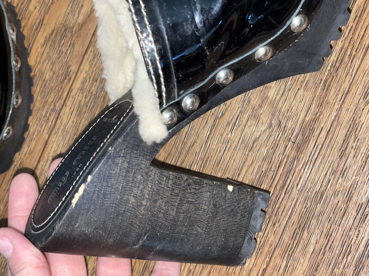 MIU MIU Black Patent Block Heel Silver Studs Buckle Clogs