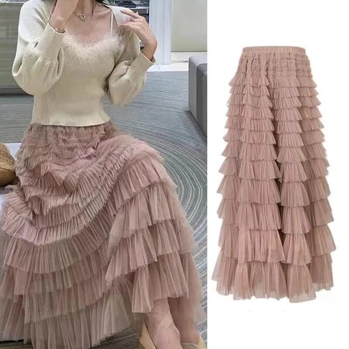 Multilayer Ruffles Tulle Skirt Pleated High Waist Fluffy Skirt Fairy Cake Dress - Picture 3 of 27