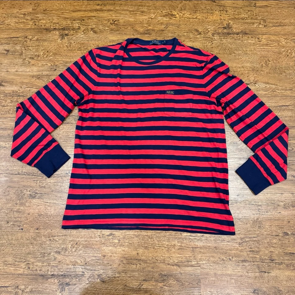 Мужская футболка Polo Ralph Lauren Цвет красный Синий Полосатый карман Повседневный Длинный рукав Размер Large - Изображение 2 из 4