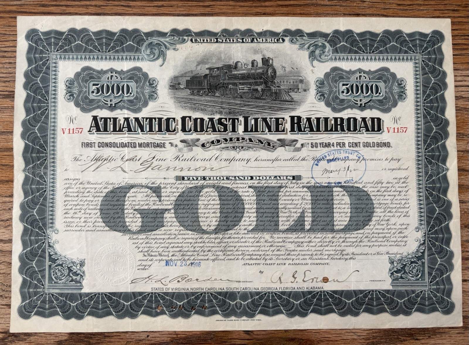 $5,000 The Atlantic Coast Line Railroad Company Bond Stock Certificate