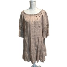 Terzo Millennio 100% Linen tiered Beige Dress 3/4 Sleeve Medium Made in Italy