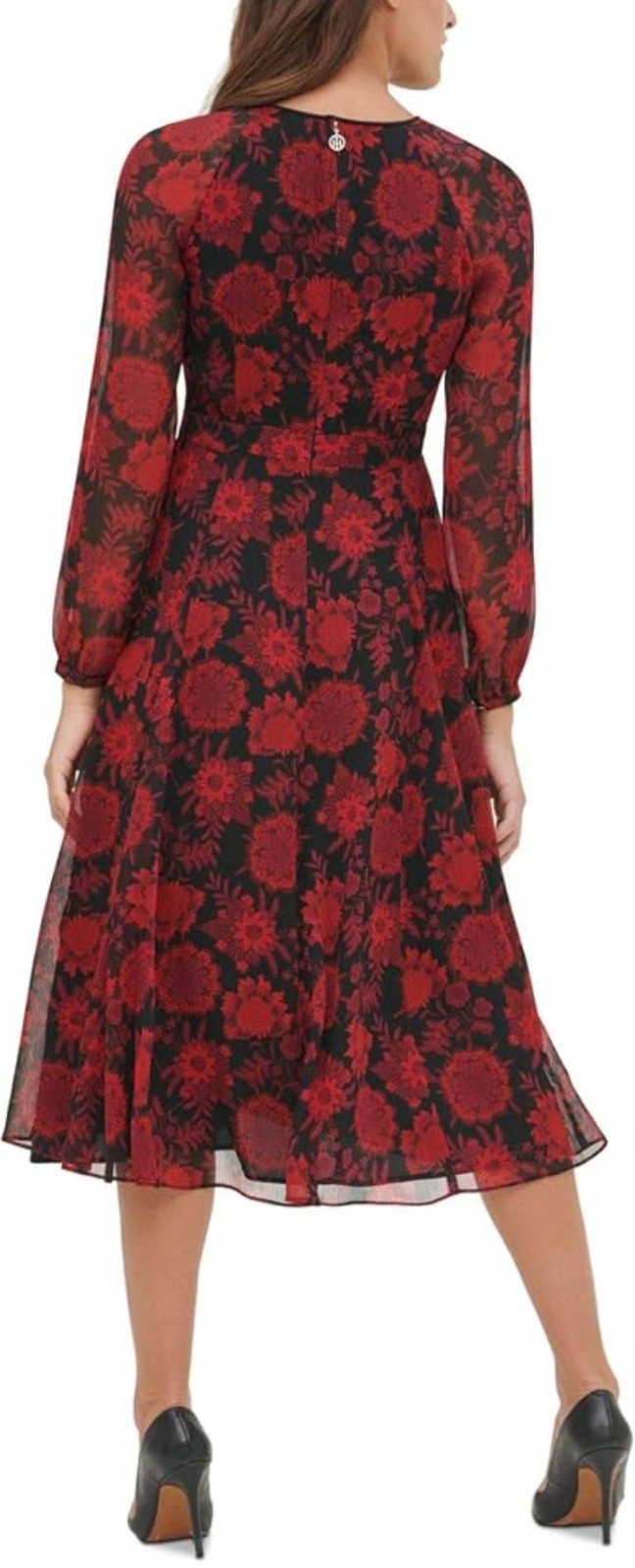 Tommy Hilfiger Floral Chiffon-Sleeve A-Line Dress Women's Size 14W Red Black...